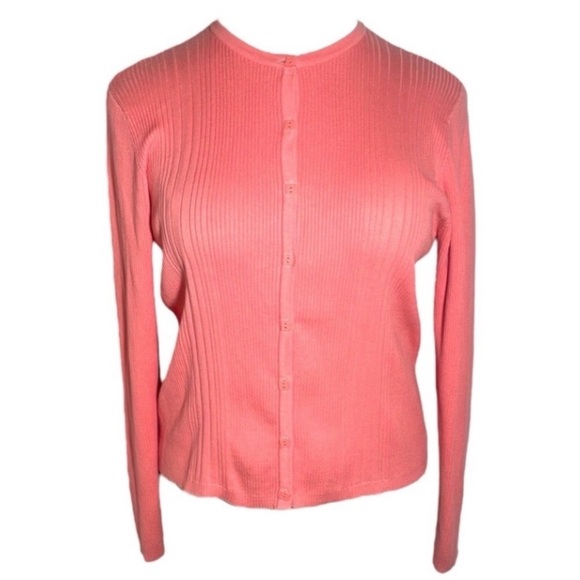 Vintage Karen Scott Cotton Sweater Cardigan Peach Coral Ribbed Button Soft L - Picture 1 of 17